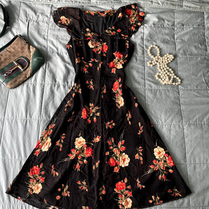 Vintage 90s Handmade Dark Floral Beaded Midi Dress